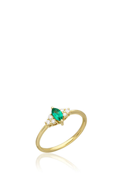 Women's Gold Ring With Marquise, Emerald And Diamo