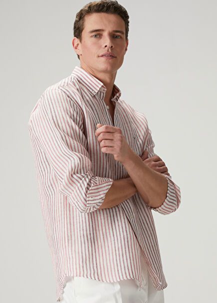 Comfort Fit White Burgundy Striped Linen Shirt