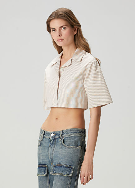 Beige Striped Crop Shirt