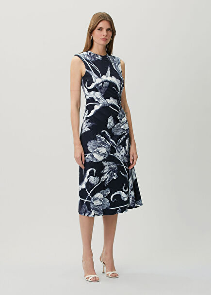 Navy Blue Print Midi Dress