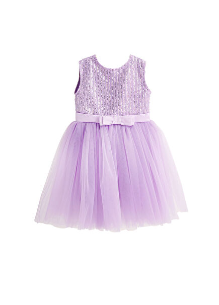 Lila Boncuklu Payetli Fiyonk Kemer Detaylı Tül Etekli Kolsuz Kız Çocuk Elbise