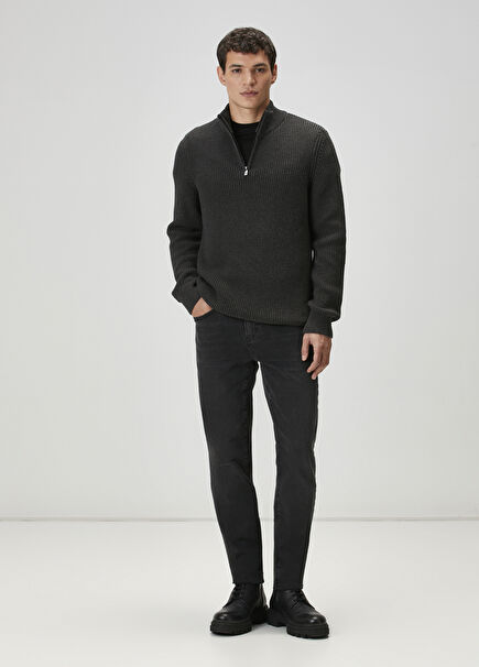 Antrasit Yakası Fermuarlı Kazak