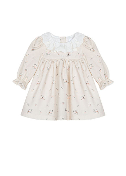 Beige Cotton Floral Patterned Baby Girl Dress