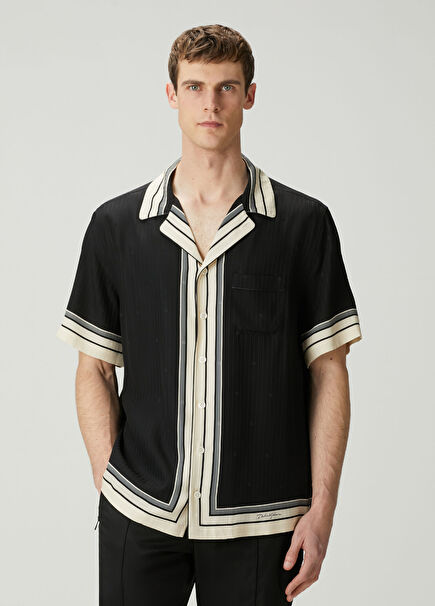 Beige Black Line Pattern Short Sleeve Silk Shirt