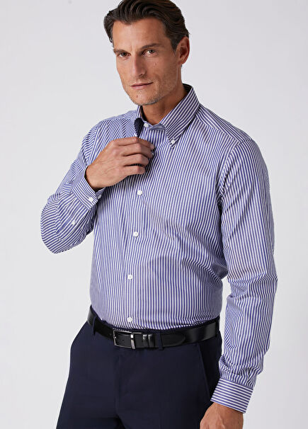 Custom Fit Navy Blue White Striped Shirt