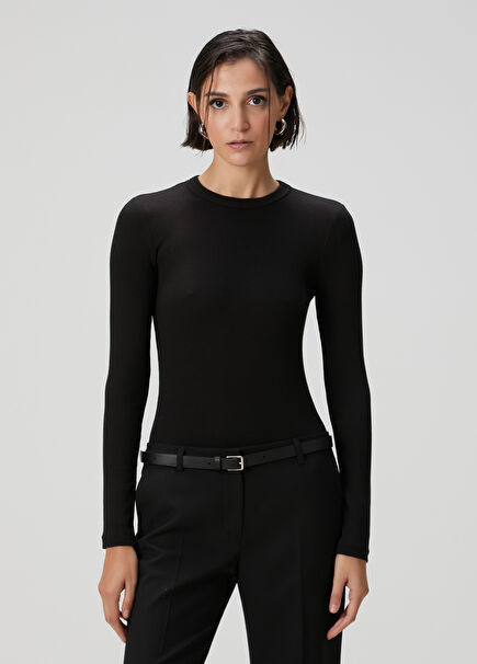 Siyah Bisiklet Yaka Ribli Uzun Kol T-shirt