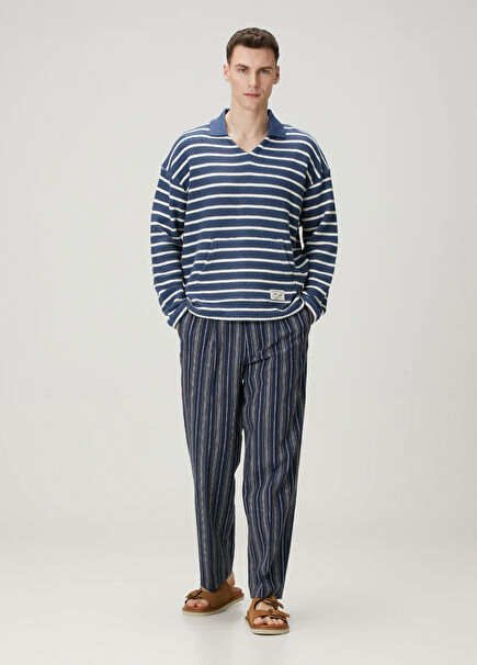 Relaxed Straight Fit Navy Blue White Linen Pants