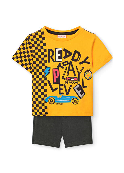 Sarı Desenli Kısa Kollu T-Shirt ve Şort Erkek Çocuk 2'li Set