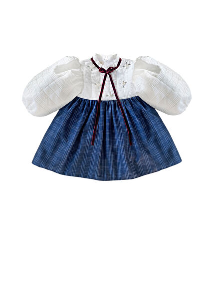 Colorful Plaid Skirt Detailed Three-Quarter Sleeve Girl's Dress