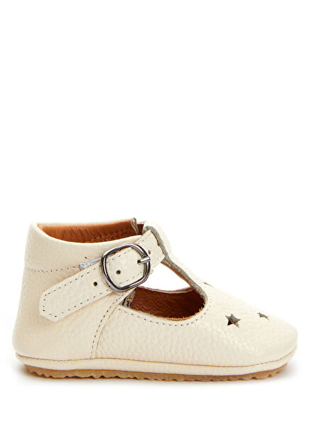 Ekru Yıldızlı El Yapımı Unisex Bebek Deri Ayakkabı