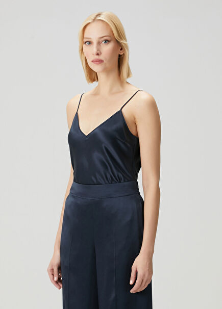 Clea Lacivert İpek Saten Bluz