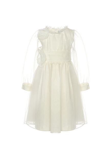 Ekru Organze Çiçek Süslemeli Kız Çocuk Elbise