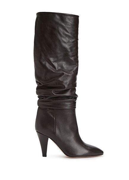 Koyu Kahverengi Topuklu Deri Çizme