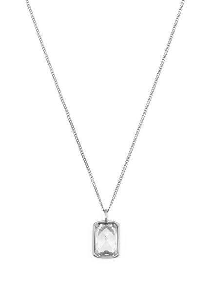 Gümüş Kaplama Beyaz Taşlı Erkek Çelik Kolye