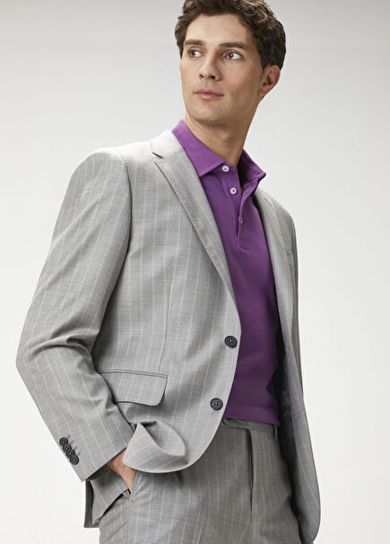 Drop 7 Açık Gri Çizgi Desenli Yün Takım Elbise