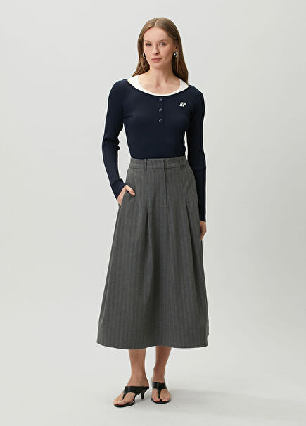 Sabrinna Dark Gray Striped Midi Skirt