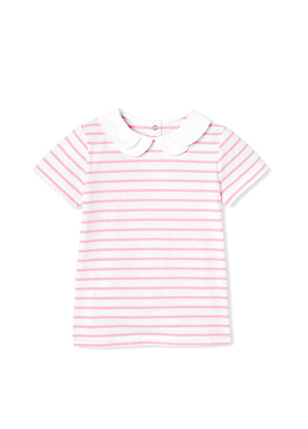 Pembe Çizgili Beyaz Polo Yaka Kısa Kollu Kız Çocuk T-shirt