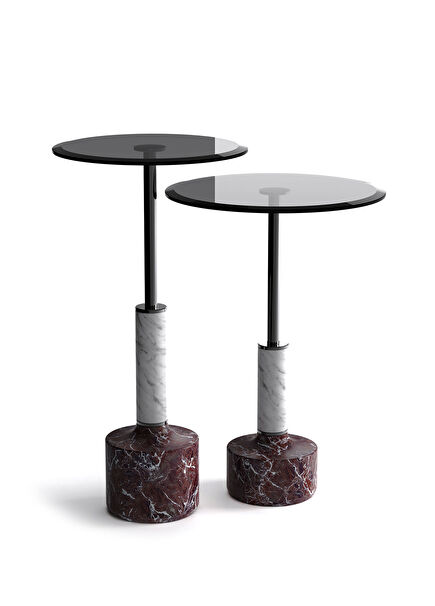 Lope Siyah Cam Tablalı Mermer Ayaklı 2'li Yan Sehpa Seti