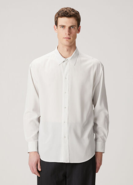 Beyaz Çizgi Desenli İpek Gömlek