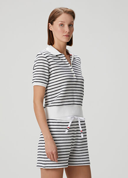 Navy Blue White Striped Polo Sweater