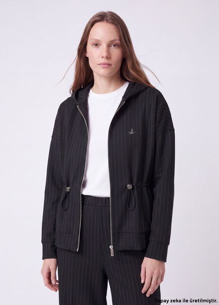 Navy Blue Hooded Striped Patterned Sweatshirt