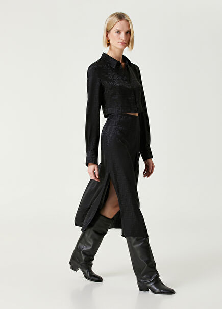 Black Logo Pattern Midi Silk Skirt