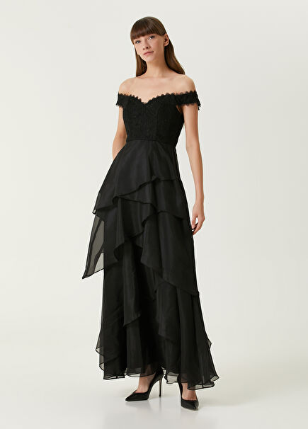 Black Lace Maxi Organza Evening Dress