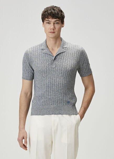 Blue Polo Short Sleeve Linen Sweater