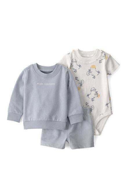 Mavi Baskılı Erkek Bebek Body Şort 3'lü Set
