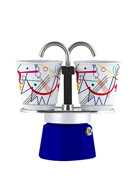 Mavi Mini Express Kandinsky Metal Mokapot ve 2'li Seramik Espresso Fincan Seti