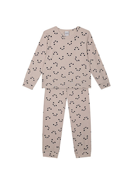 Panda Baskılı Krem Rengi Uzun Kollu Unisex Çocuk Pijama Takımı