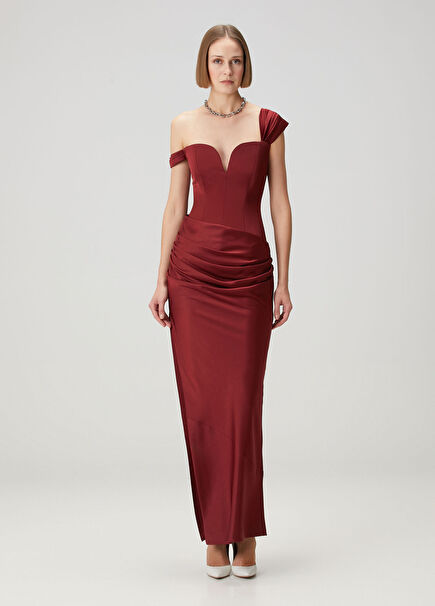 Burgundy Asymmetrical Maxi Evening Dress