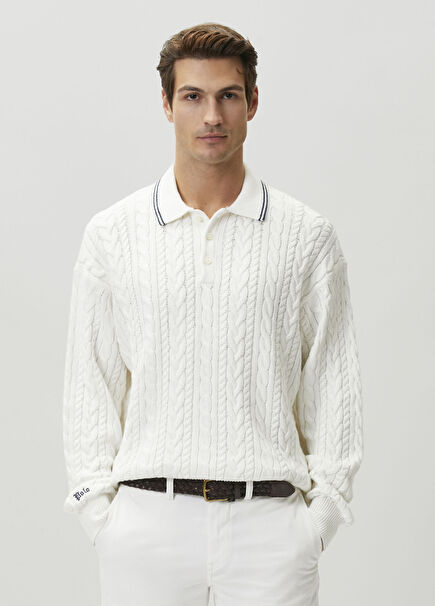 Relaxed Fit Krem Saç Örgülü Polo Kazak