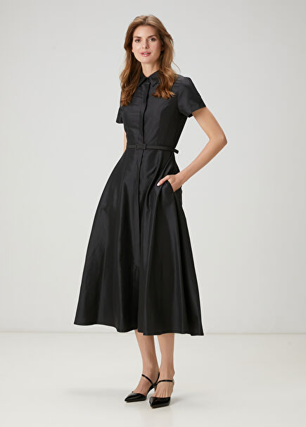 Black Belted Midi Taffeta Shirt Dress
