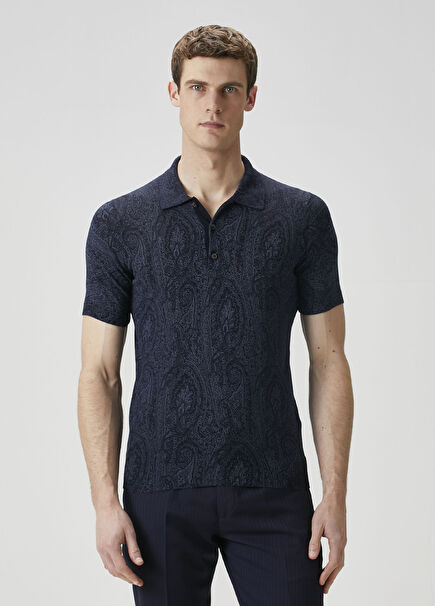 Navy Blue Ethnic Patterned Polo Sweater