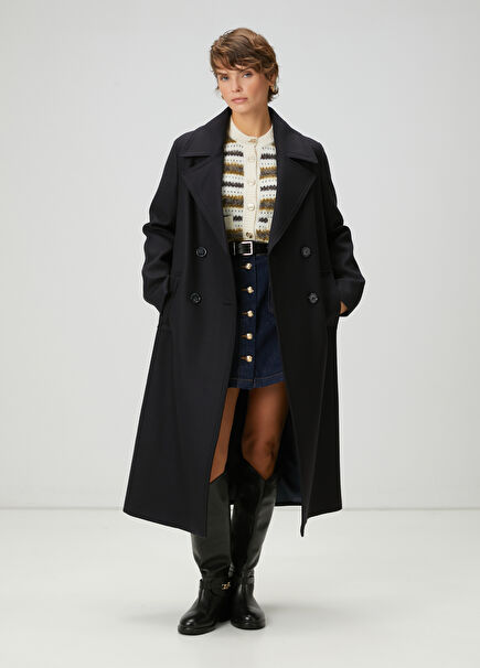 Dark Navy Blue Double-Breasted Wool Coat