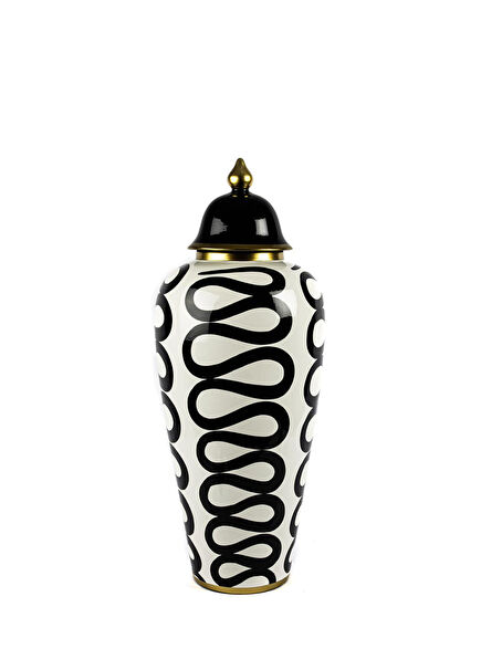 White Black Patterned Ceramic Vase with Cube Lid 25x61 cm