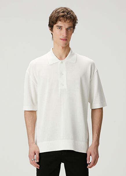Beyaz Polo Yaka Kısa Kollu Oversized Triko