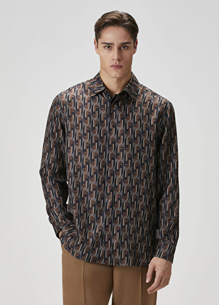 Kahverengi Logo Desenli İpek Gömlek