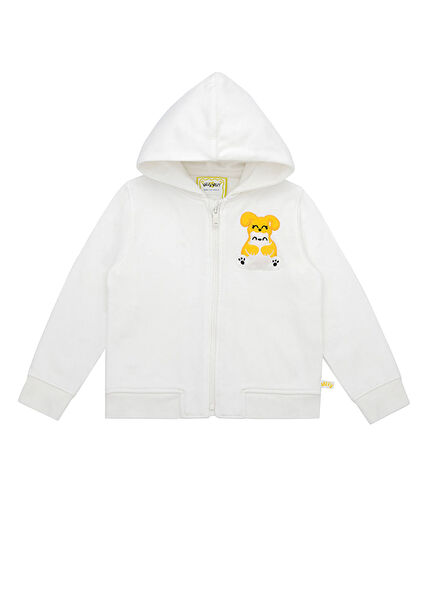 Beyaz Kapüşonlu Fermuarlı Ses Çıkaran Unisex Çocuk Sweatshirt 
