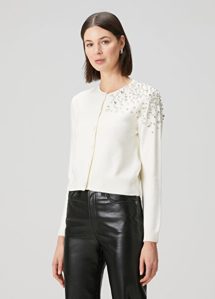 Ecru Crystal Embellished Cardigan