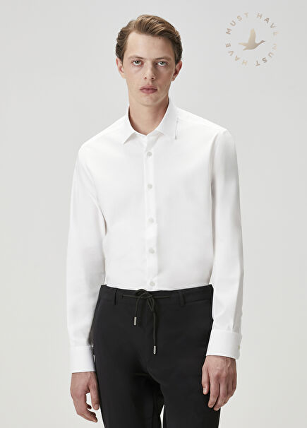 Slim Fit Beyaz Non-iron Twill Gömlek