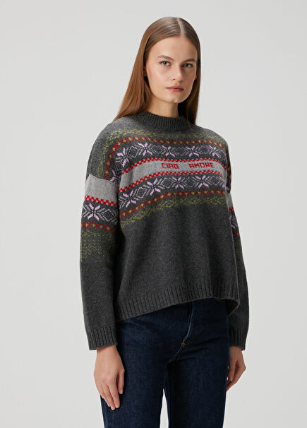 Gray Jacquard Wool Sweater