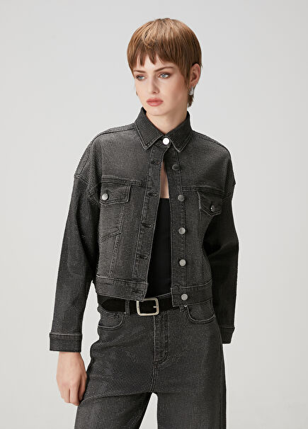 Koyu Gri Taşlı Denim Ceket