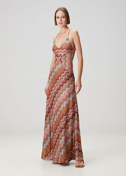 Somon Pembe Desenli Maksi Abiye Elbise