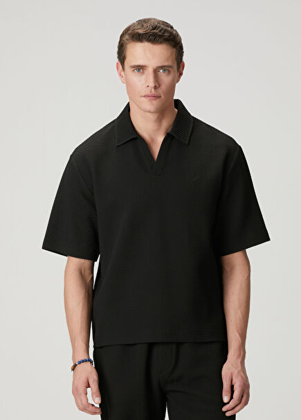 Siyah İri Diyagonal Dokulu Oversized T-shirt