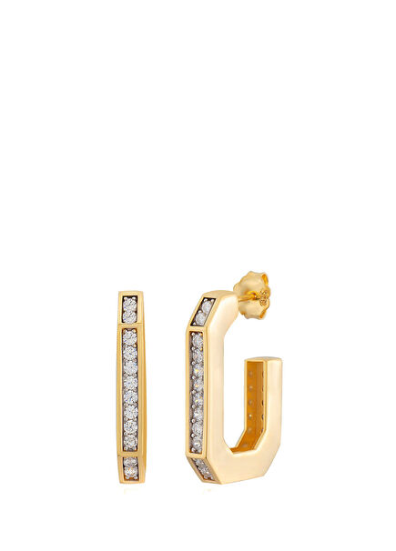 Hexagonal Women's Gold-Plated Large Earrings With