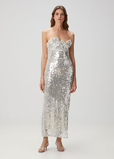 Silver Sequined Maxi Evening Dress