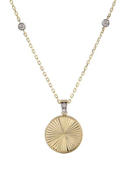 Disk Ray Çift Pırlanta Taşlı 14 Ayar Altın Kadın Kolye