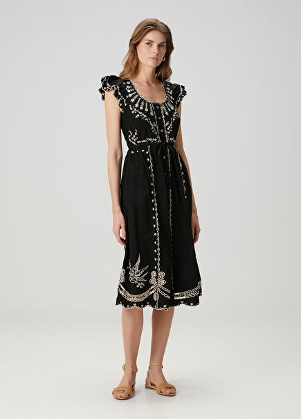 Kingsley Black Embroidered Midi Dress